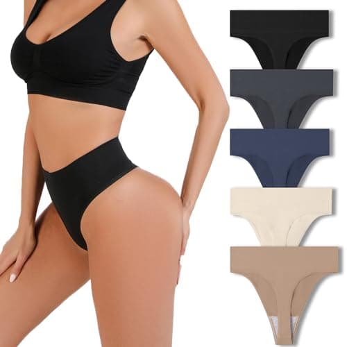 Image of GRANKEE Women's High Waisted Thong Underwear, No Show Wide Waistband Tummy Control Panties, with Modal Crotch Undies Multipack(BSYUG 5 Pack M)