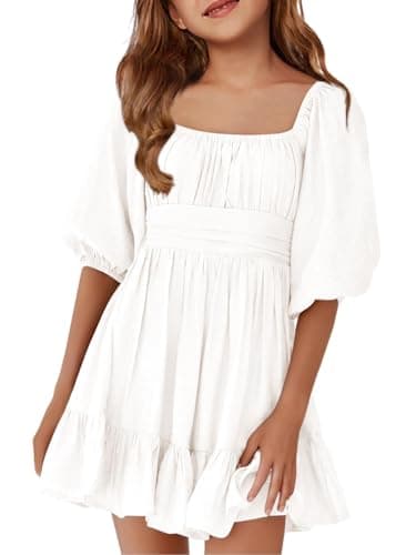 Image of Haloumoning Girls' Summer Dresses Short Sleeve Square Neck Lace-Up Backless Ruffle A-line Party Mini Dress White 10-12 Years