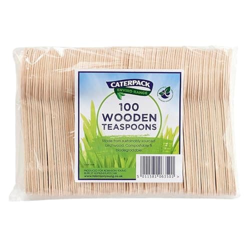 Image of Caterpack Enviro Range 100 Wooden Teaspoons, Biodegradable/compostable/Disposable Wooden teaspoons, 100% Birchwood/eco Friendly Ideal for Catering/picnics/Parties/Camping