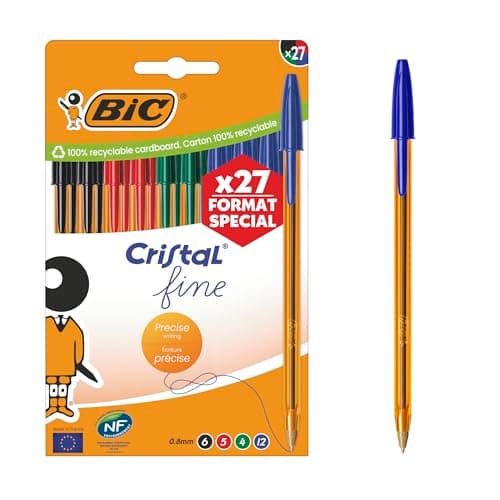 Image of BIC Cristal Original Ball Pens Fine Point (0.8 mm) - Assorted Colours, Orange Barrel, Box of 27