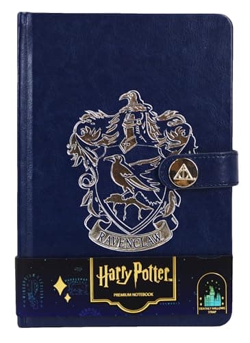 Image of Licensed Harry Potter House notebook journal, parchment paper, house logo, house history, Gold printed house crest logo in front, Hogwarts, Gryffindor, Slytherin, Hufflepuff and Ravenclaw (Ravenclaw)