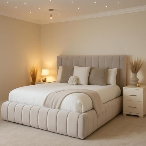 Image of Ambesder Bed Frame With Headboard Upholstered In Plush Velvet (Mustard Gold Plush, 3FT Single With Mattress, Non-Storage Slattted Base)