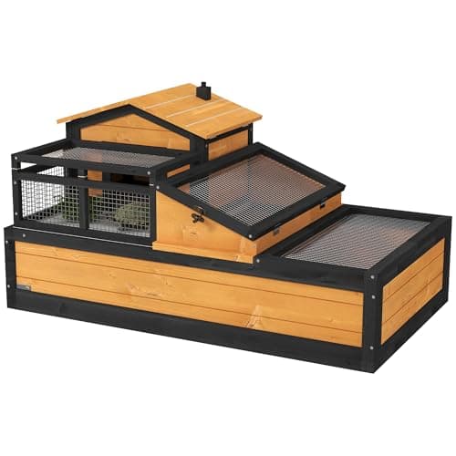 Image of PawHut Tortoise House 3-Room Wooden Tortoise Enclosure Large Reptile Cage with 2 Stories, Ladder, Balcony, Tray, Openable Roof, 59H x 112L x 65Wcm, Yellow