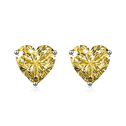 Image of wynn's Silver Stud Earrings for Women, White Gold Studs Earrings, Silver Heart Cubic Zirconia Stud Earrings, Hypoallergenic Earrings for Girls Jewellery Gift Christmas, Yellow