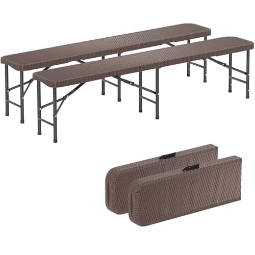 Image of COSTWAY 6FT Portable Folding Bench, Fold in Half Plastic Bench Seat with Carry Handle, Indoor Outdoor Waterproof Patio Benches Camping Dining Seat for Soccer Sports Picnic Party (2, Brown)