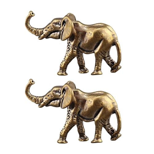 Image of ApexPine 2pcs Brass Elephant Figures Small Elephant Table Ornament Vintage Mini Fengshui Decor Lucky Small Statue Gold Collectible Crafts Animal for Home Office Party Favor