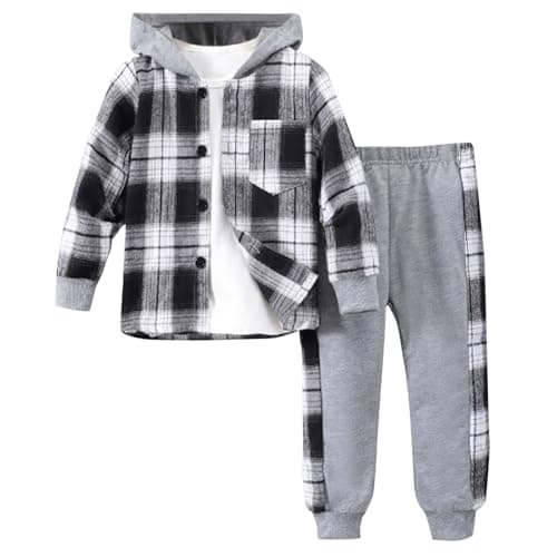 Image of duxyoz Boys 2 Piece Outfits Sweatsuit Set Plaid Hoodie And Jogger Pants for Kids Toddler Fall Winter Warm Casual Tracksuit Hooded Sweatshirt with Elastic Waist Trousers Sets Multicolor 6-7 Years