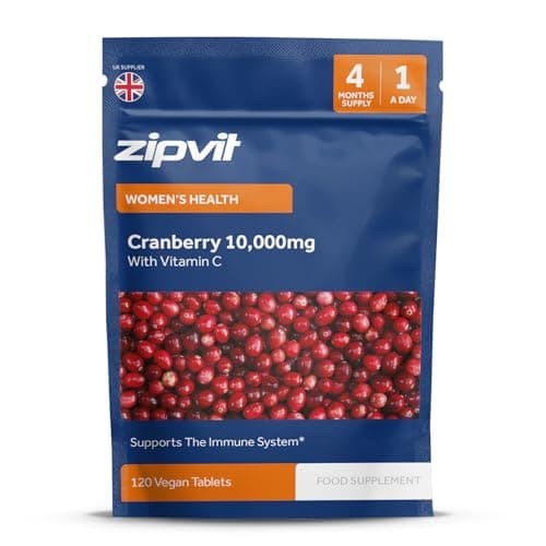 Image of Zipvit Cranberry Tablets 10,000mg with Vitamin C, High Strength Cranberry Extract, 120 Vegan Tablets for Immune Support, 4 Month Supply, Supplement for Men & Women