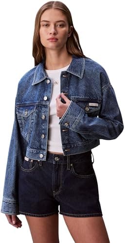 Image of Calvin Klein Women's Denim Cropped Trucker Blue Carol LV047F681G Jackets, BLUE, M