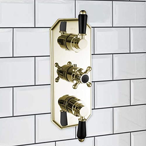 Image of ENKI, Regent, TSV042, Gold Black Lever Concealed Thermostatic Shower Mixer Valve for Bathrooms, Triple Control Diverter Valve for Three Outlets, Traditional Victorian Style