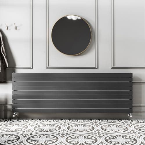 Image of Go Bathrooms Pinta 610 x 1600mm Horizontal Radiator Anthracite Flat Panel Single Column Wall Mounted Designer Anthracite Grey Radiator Central Heating Includes Brackets