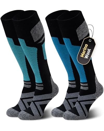 Image of Niorasen Merino Wool Ski Socks Men Unisex, 2 Pairs Thermal Knee-High Socks for Winter, Full Cushion Thick Socks, Skiing, Snowboarding, Outdoor Sports, Hunting, Hiking, Green/Light Blue, UK 9-15