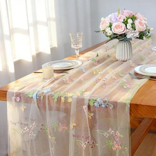 Image of LOMOHOO Table Runner Beige 71x305cm Wedding Table Decoration with Embroidery and Tulle, Cheesecloth Table Runners Lace Tablecloth Sheer Embroidery Gauze for Bridal Shower Birthday Party Dining Table