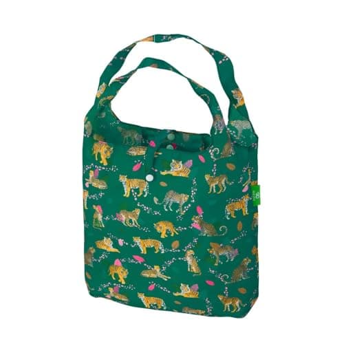 Image of ECO CHIC Lightweight Foldable Reusable Shopping Bag Water Resistant Tote Bag (Big Cat Green)