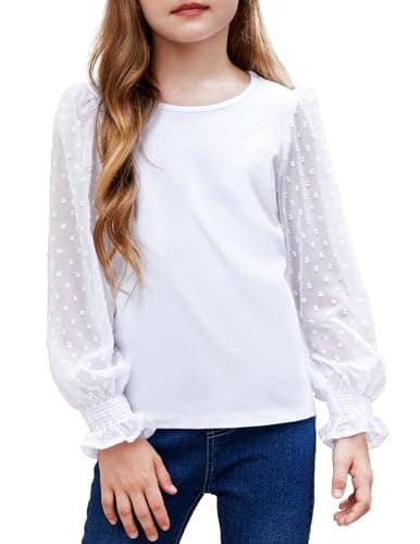 Image of Arshiner Girls Long Sleeve Shirt with Smocked Ruffle Cuffs Polka Swiss Dots Kids Pullover Shirts Cute Round Neck Top Blouse for Girls White 150