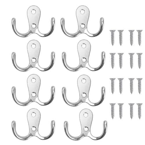 Image of 8 PCS Double Prong Robe Hooks, Dual Coat Door Hooks with 16 PCS Screws, Chrome Wall Mounted Hooks, Metal Retro Cloth Hanger, Heavy Duty Metal Door Hooks Screw for Hanging Hat Tie Clothes Towel(Silver)
