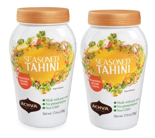 Image of Achva Seasoned Tahini Paste - Natural Sesame Paste - Rich Creamy Taste for Hummus - Tahini Sauce & Dressing - Kosher, Vegan Gluten Free, Peanut Free & Non-GMO (2 Jars of 500g)