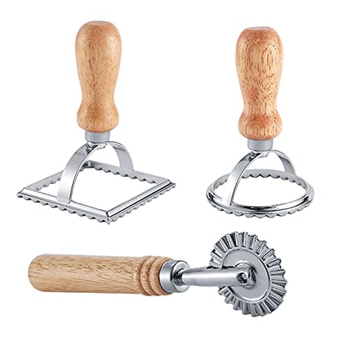 Image of Ravioli Maker Stamp Cutter with Roller Wheel Set, Pasta Maker Mold with Wooden Handle and Fluted Edge, Ravioli Cutter and Press Stamp – for Pasta, Dumplings Lasagna, Pierogi (3 Set with Cutter)