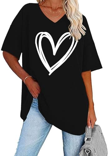 Image of WNEEDU Women Summer T Shirts V Neck Loose Casual Ladies Plus Size Tops Short Sleeve Tee Black White Love 4XL