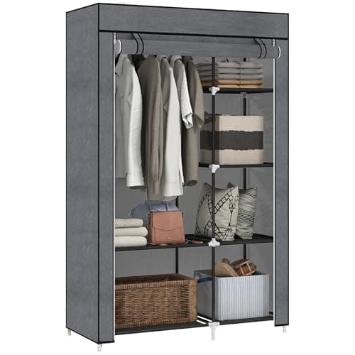 Image of HOMCOM Fabric Wardrobe, Portable Wardrobe with 6 Shelves, 1 Hanging Rail, Foldable Closets, 103 x 43 x 162.5 cm, Dark Grey