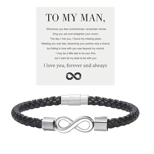 Image of NORLSO To My Man Bracelet Infinity Bracelet Black Leather Bracelet Husband Gifts from Wife I Love You Forever and Always Bracelet Boyfriend Birthday for Men, Adjustable, Alloy, no gemstone