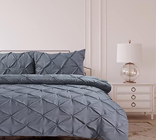 Image of Bronwen Mathews Pintuck Grey King Size Duvet Set Pinch Pleat Soft Microfibre King Bed Quilt Cover with 2 Pillowcases, Easy Care Wrinkle Free King Bedding Set of 3 Pcs (Grey, King Duvet Cover Set)