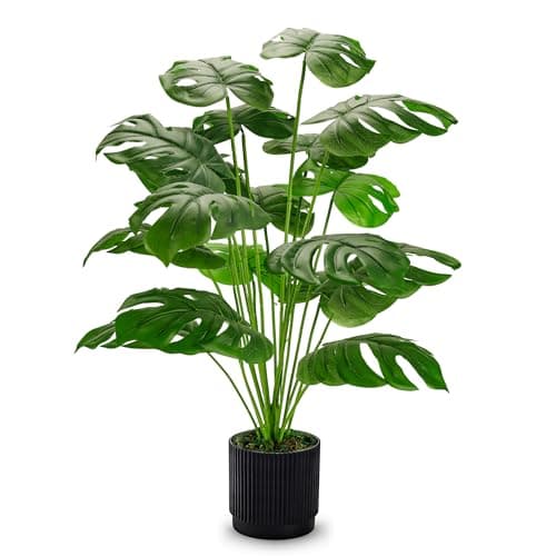 Image of Der Rose 28" Fake Plants Large Artificial Monstera Faux Potted Plants Indoor Tall in Black Pots for Outdoor Floor Front Porch Decor