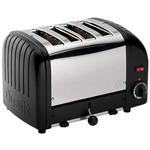 Image of Dualit Classic 4 Slice Vario 2.2kW Toaster, Black and Stainless Steel, Hand Built in the UK, Replaceable Proheat Elements, Heat 2 or 4 Slots, Defrost Bread, Mechanical Timer, Model 40344, E266