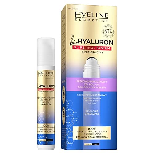 Image of EVELINE COSMETICS Biohyaluron 3x Retinol System Anti Wrinkle Roll On Gel for Lids Under Eye Area Reduces Crows Feet Vegan Formula 97% Natural Composition Night 15ml