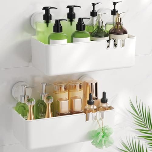 Image of Luxear Suction Shower Caddy No Drilling Shelf Basket Removable Storage for Bathroom Wall Shampoo with Hooks- White 2Pack