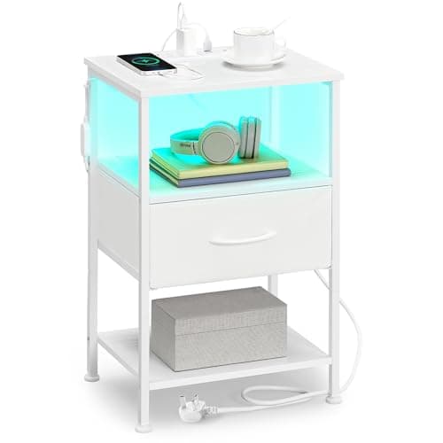 Image of SONGMICS BELLAH Collection - Bedside Table with Charging Station, Side End Table with APP-Controlled Adjustable LED Lights, 2 Open Shelves and 1 Drawer, Bedroom, Cloud White and Snow White LGS301WH02