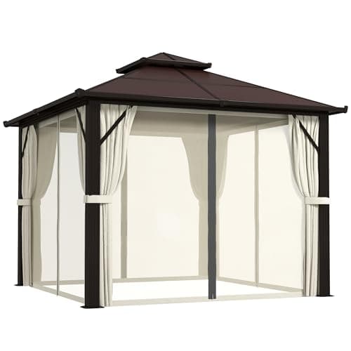 Image of Outsunny 3 x 3(m) Hardtop Gazebo Canopy with UPF30+ Double Polycarbonate Roof, Aluminium Frame Garden Gazebo Permanent Pavilion with Mosquito Netting and Curtains for Patio, Deck, Beige