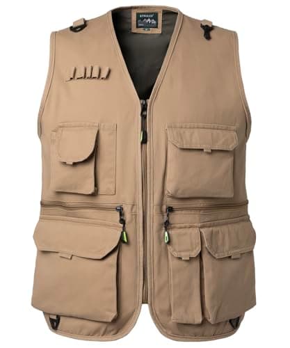 Image of KTWOLEN Men's Outdoor Multi-Pocket Utility Vest Lightweight Cotton Gilet Travel Fishing Hiking Photography Sleeveless Jacket, Khaki, XL