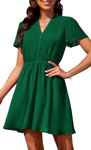 Image of Actcat Women's Summer Dresses Casual Chiffon Dress Ruffle Sleeve Mini Dresses V-Neck A-line Dress Beach Dresses Dark Green L