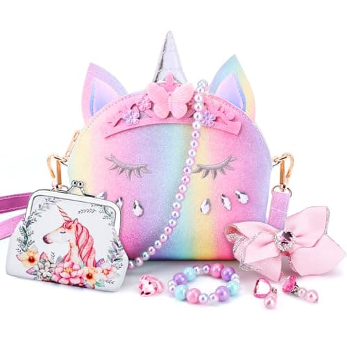 Image of JYPS Unicorn Purse for Little Girls, 7Pcs Cute Kids Purse Crossbody Bags with Kids Dress Up Jewelry Set Pretend Play Accessories, Birthday Presents Unicorn Gifts Toys for Girl age 3 4 5 Christmas