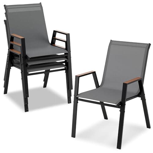Image of TANGZON Garden Dining Chairs Set of 2/4, Metal Frame Outdoor Stackable Armchairs with Backrests & Wood-Plastic Armrests, Breathable Patio Dining Chairs for Balcony Poolside Backyard (4, Grey)