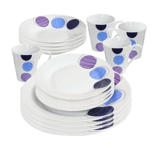 Image of 16 Piece Dinner Set - Blue & Purple Patterns Dinnerware Set | 4 Bowls, 4 Side Plates, 4 Mugs, 4 Soup Plates | Kitchen Microwave & Dishwasher Safe - for Cereal, Desserts, Porcelain Cup, Gift