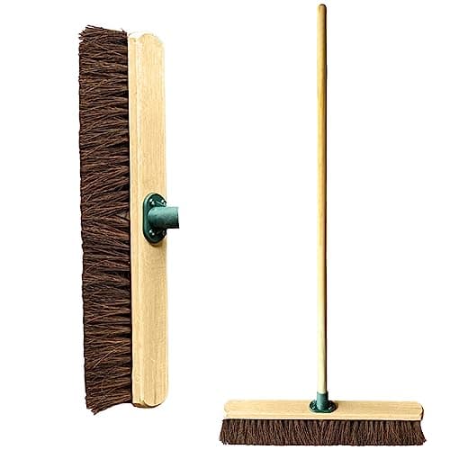 Image of 24” Broom Outdoor Yard Broom Sweeping Brush Natural Stif Bristles with Wooden Handle Garden Brooms for Cleaning Patio Yards Driveways Warehouse and Garage (Stiff Natural Bassine Bristles)