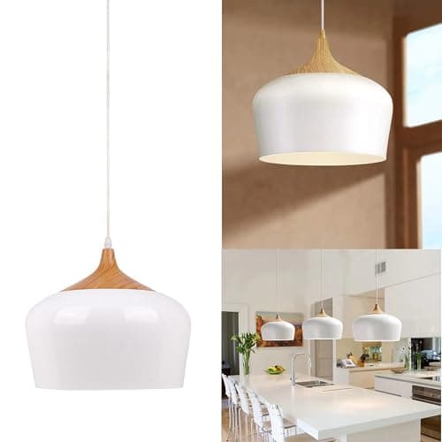Image of SUNLLOK Modern White Pendant Light Lantern, Wood Pattern Dome Minimalist Downward Dome Shade Ceiling Hanging Lamp, Industrial Chandelier for Kitchen Island, Dining Room, Living Room