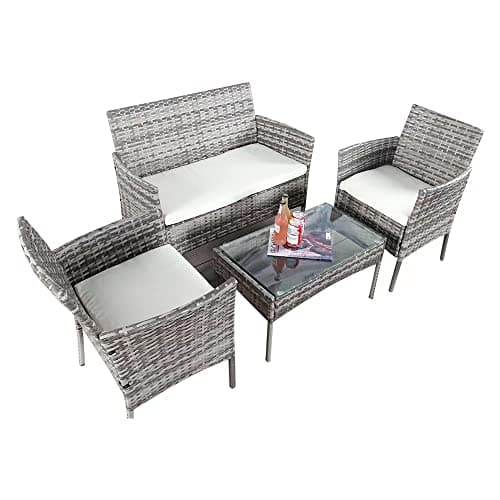 Image of XEO HOME 4 Pc Rattan Garden Furniture Sets 4 Piece Indoor Outdoor Table and Chairs Set Balcony Patio and Conservatory Furniture Sofa Backyard Pool Side Coffee Seater (Mix Grey)