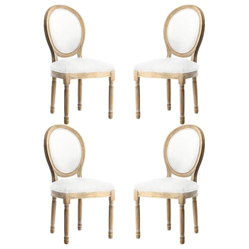 Image of HomeMiYN French Dining Chairs Upholstered Linen Round Back Carved Legs Retro Elegant Classic Living Room Kitchen Chair Set of 4 Beige