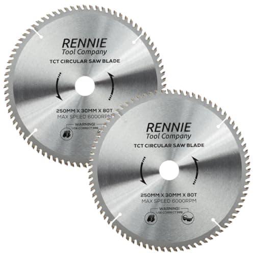 Image of (PACK OF 2) Rennie Tools 250mm x 30mm x 80T TCT Circular Wood Saw Blades Includes 25mm 20mm & 16mm Bore Reduction Rings. Compatible with Bosch Makita Dewalt Circular Saw Etc. Fits 255mm Circular Saws