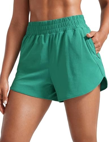 Image of CRZ YOGA Women's High Waist Running Shorts - 3'' Mesh Liner Quick Dry Athletic Gym Workout Shorts with Zipper Pocket Cascadia Green 8