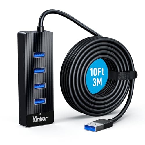 Image of Yinker 4 Port USB 3.0 Hub, Ultra Slim Portable High-Speed Data Hub, 10FT/3M Long Cable USB Extension Hub, 5Gbps USB Splitter with 5V USB-C Power Supply for PC/Laptop/MacBook/PS5 and More