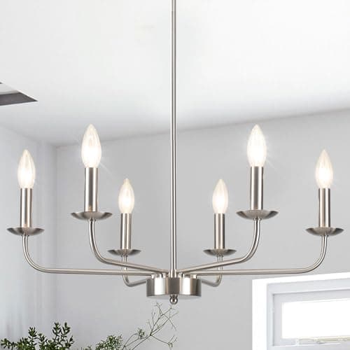 Image of Brushed Nickel Chandelier Ceiling Lights, 6 Lights Modern Dining Room Chandelier Height Adjustable, Silver Industrial Metal Light Fittings Ceilings for Living Room Bedroom Kitchen Foyer, E14 Base