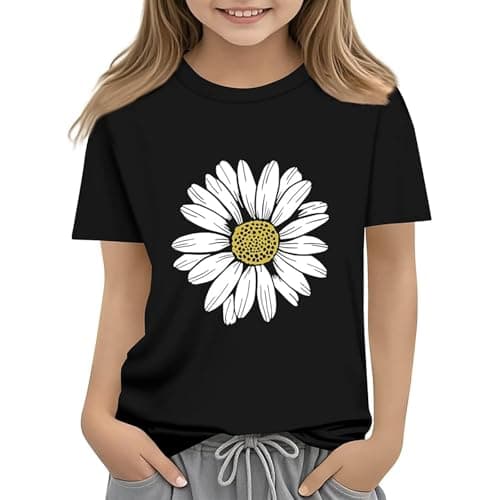 Image of T Shirts Kids Girls Crewneck Short Sleeve Trendy Graphic Flower Tshirts Teenage Girls Summer Comfy Cartoon Cute School Casual Sports Children Tunic Tops Age 3-13 Years (Black, 10-11 Years)