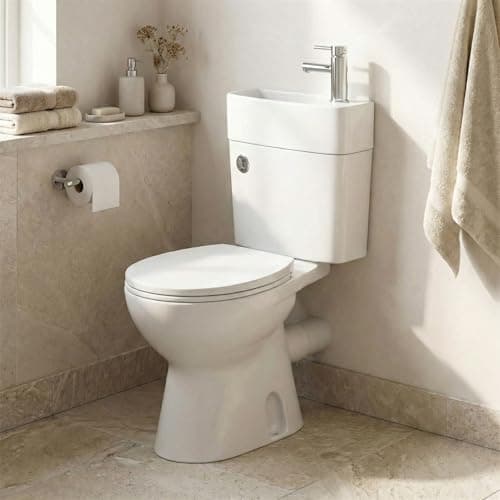 Image of Toilet with Basin on Top Including Chrome Basin Tap & Waste, 2-in-1 Close Coupled WC & Sink, Dual Flush Cistern, Soft Close Seat, Space-Saving Cloakroom Bathroom, White Gloss