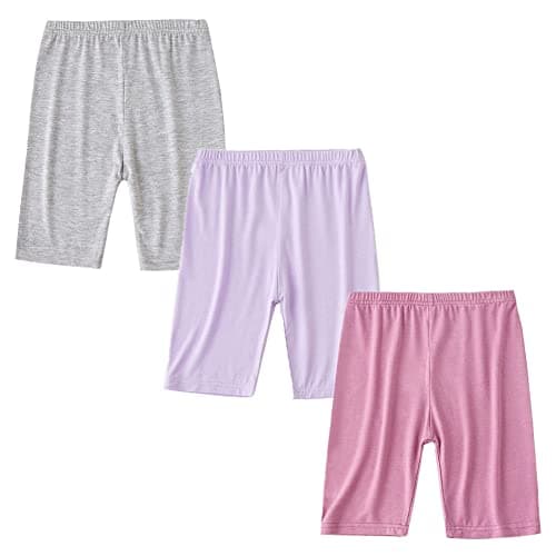 Image of FedMois Kids Girls Short Leggings 1/2 Length Basic Plain Stretchy Cycling Dance Sports PE School Shorts Pants (Pack of 3), Grey, Purple and Pink, 2-3 Years