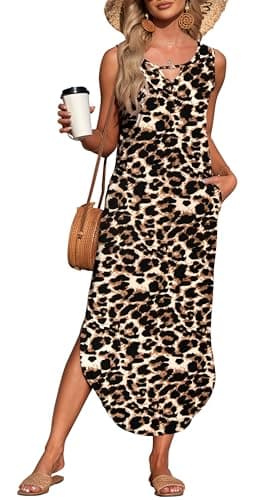 Image of AUSELILY Summer Maxi Dresses for Women UK Sleeveless Halter Loose Beach Ladies Split Dresses with Pockets Spotted Leopard XL