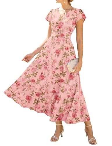 Image of GRACE KARIN Women's Summer V-Neck Floral Dress with Pockets Ruffle Sleeves A-Line Fitted Waist Dresses Gray Pink-Pink Rose L